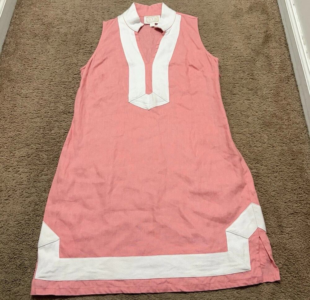 Sail to Sable 100% Linen Sleeveless Shift Dress Salmon White S Coastal Preppy